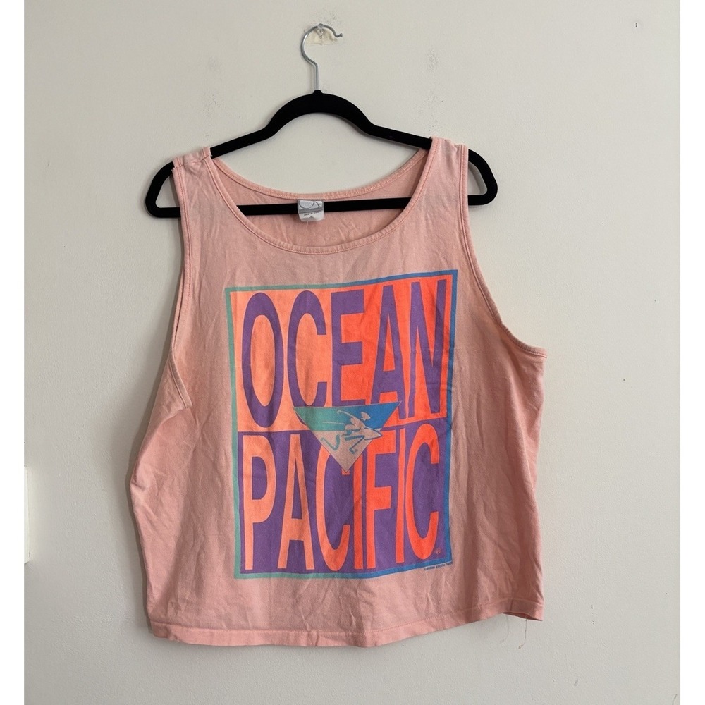 Vintage 80s 90s Ocean Pacific Tank Mens XL Pink Pastel Cotton Surf Beach Casual